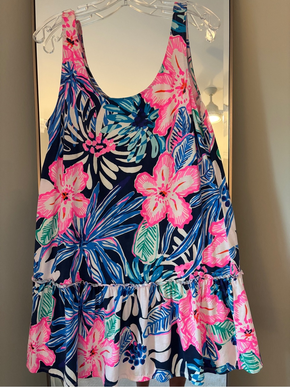 Lilly Pulitzer Skyelar Navy Floral Ruffled Tank Dress with Pink & Blue